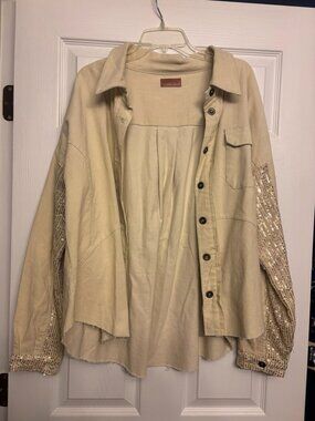Umgee Size Large Sequin Sleeve Cream Corduroy Jacket